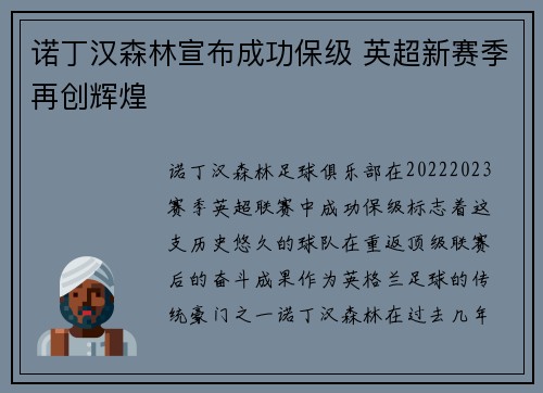 诺丁汉森林宣布成功保级 英超新赛季再创辉煌