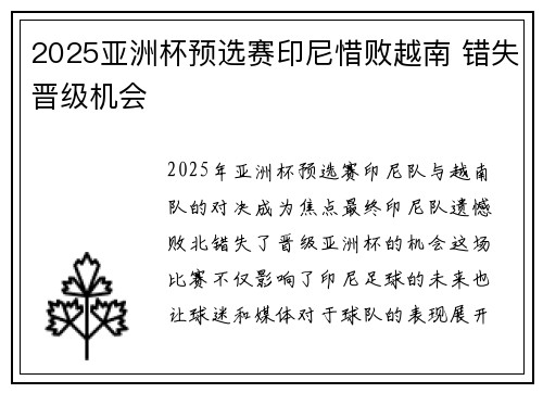 2025亚洲杯预选赛印尼惜败越南 错失晋级机会